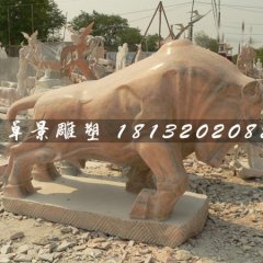 石雕牛，晚霞紅牛雕塑，晚霞紅石頭牛雕塑