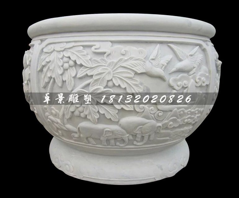 白色石頭水缸，漢白玉石水缸