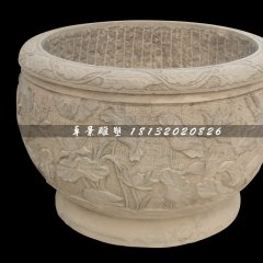 水缸石雕，荷花浮雕水缸