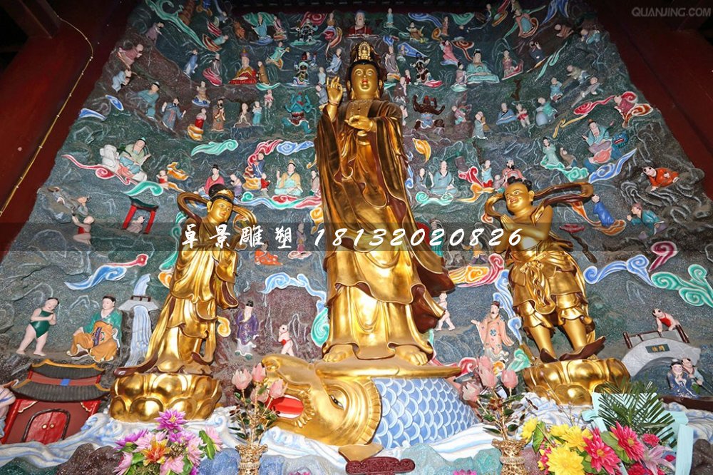 鎏金銅佛像，觀音與善財(cái)龍女銅雕