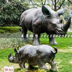 母子犀牛銅雕，公園動物銅雕