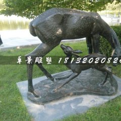 母子鹿銅雕，公園動物銅雕