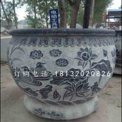 荷花石浮雕水盆，青石水缸