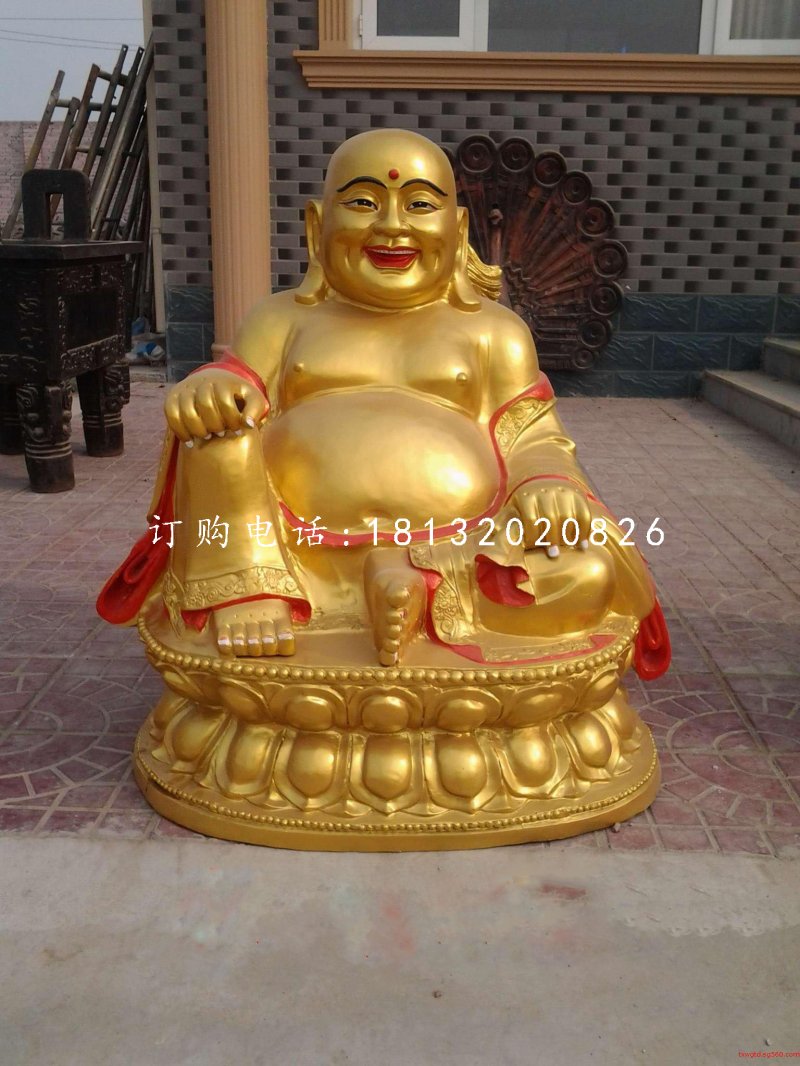 坐式彌勒佛雕塑，銅雕彩繪佛像