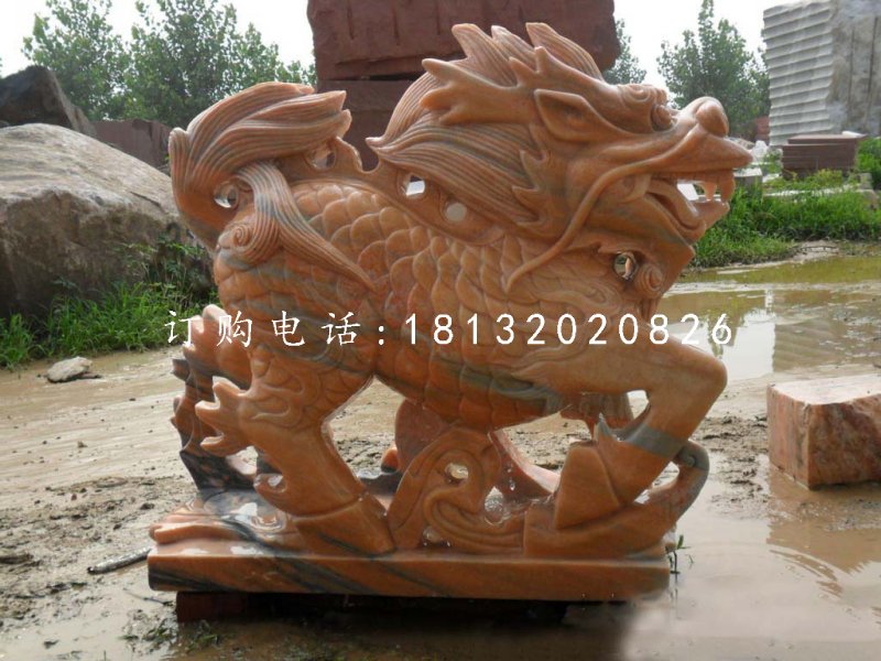 古代神獸石雕，晚霞紅麒麟雕塑 (1)